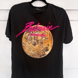 Balmain Black Tee with Pink and Gold Graphic